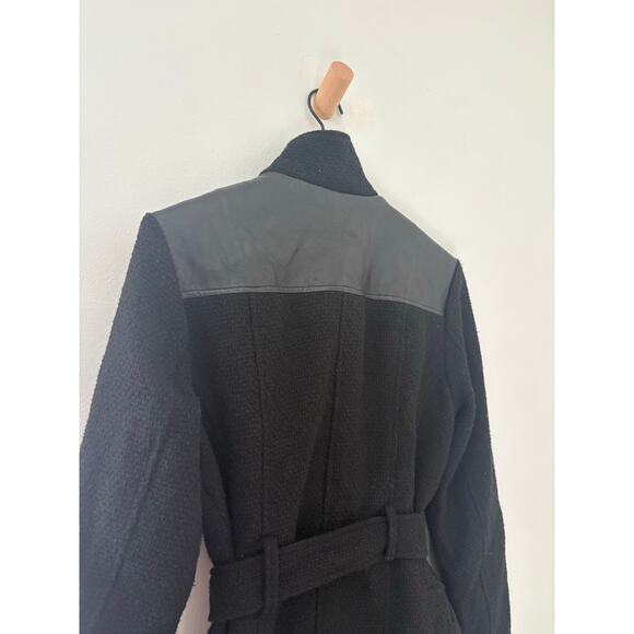 Guess Black Wool Blend Coat Large Faux Leather Shoulder Zip Up Fall Jacket - Picture 6 of 8